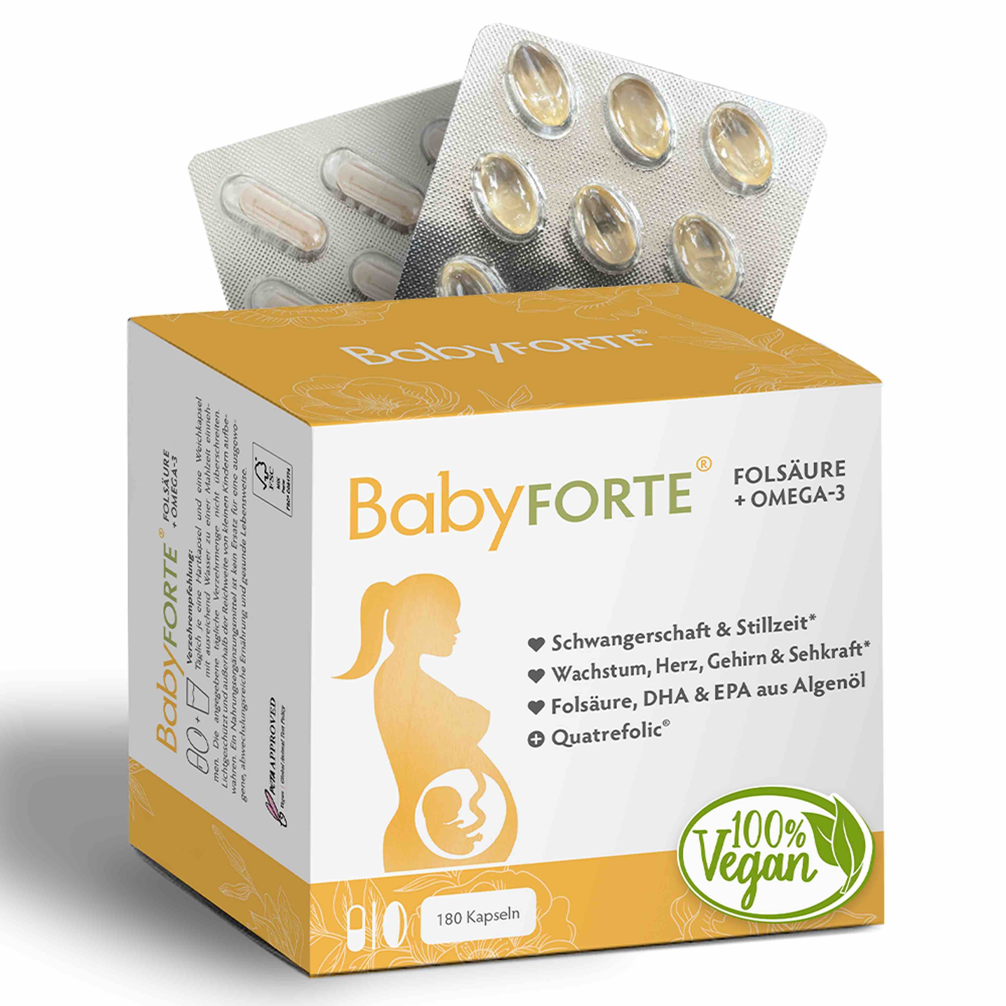 BabyFORTE Folsäure + Omega-3, 180 Kapseln, Vorderseite Verpackung