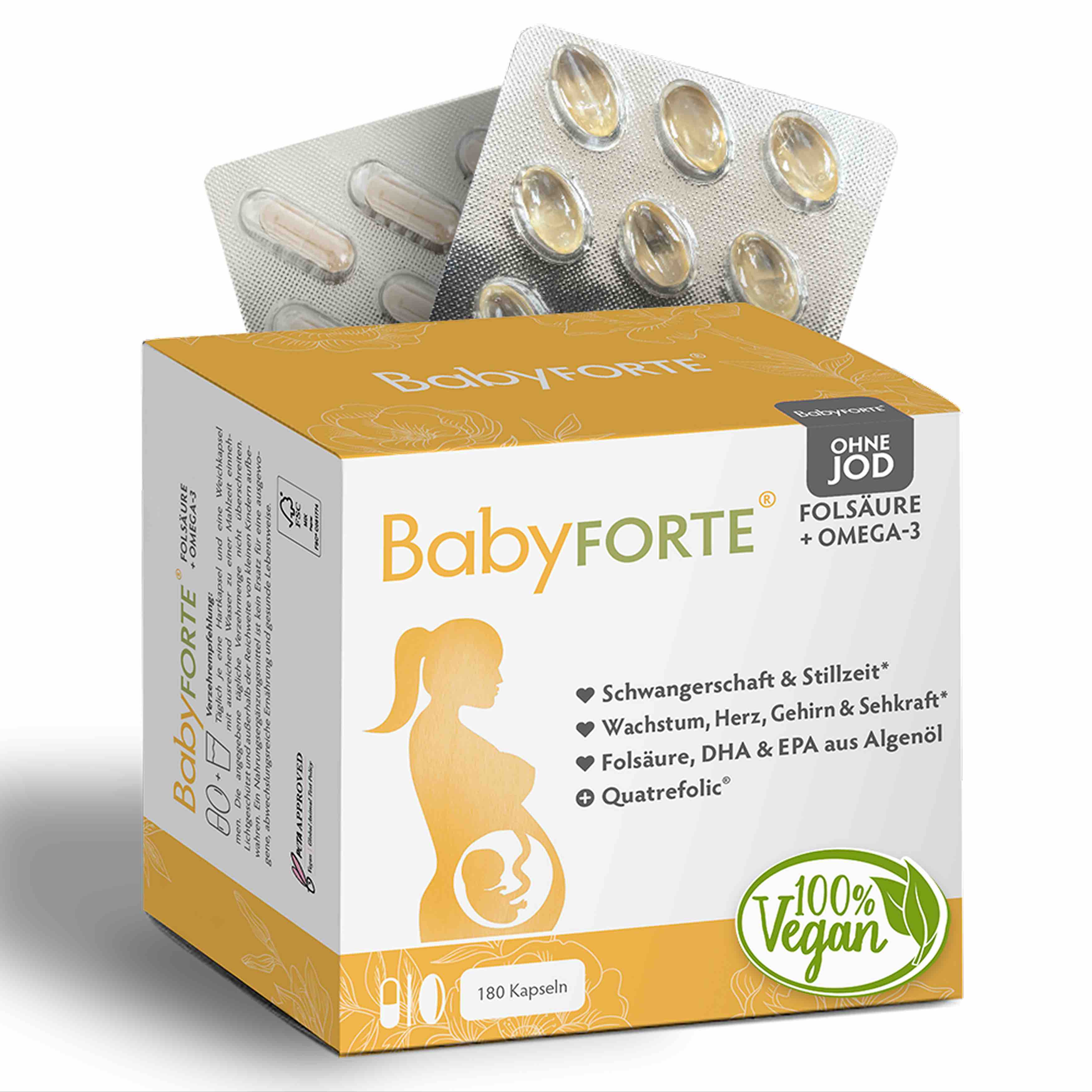 BabyFORTE Folsäure + Omega-3 ohne Jod • für Schwangerschaft & Stillzeit • 180 Kapseln