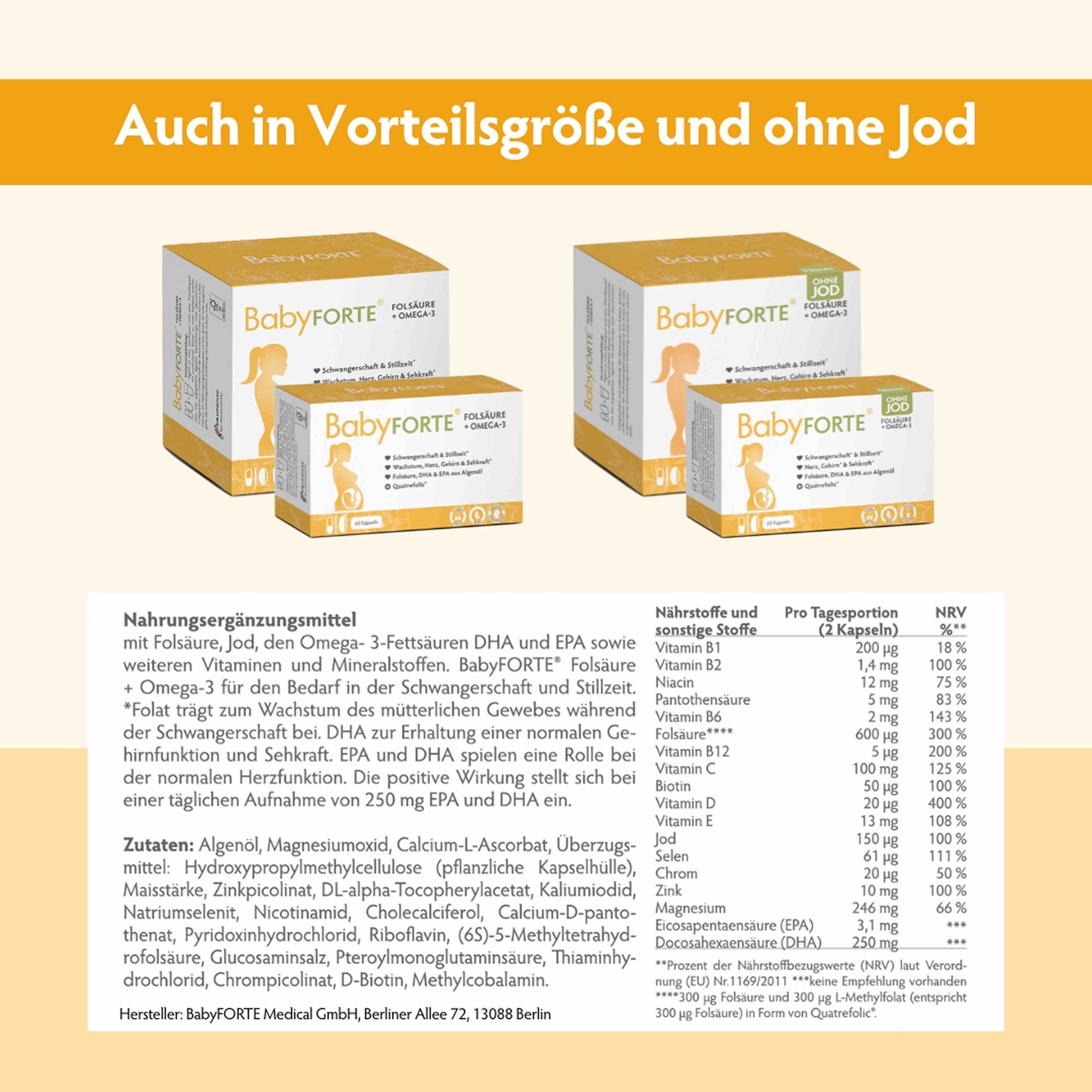 BabyFORTE Folsäure + Omega-3 auch als Großpackung und ohne Jod.