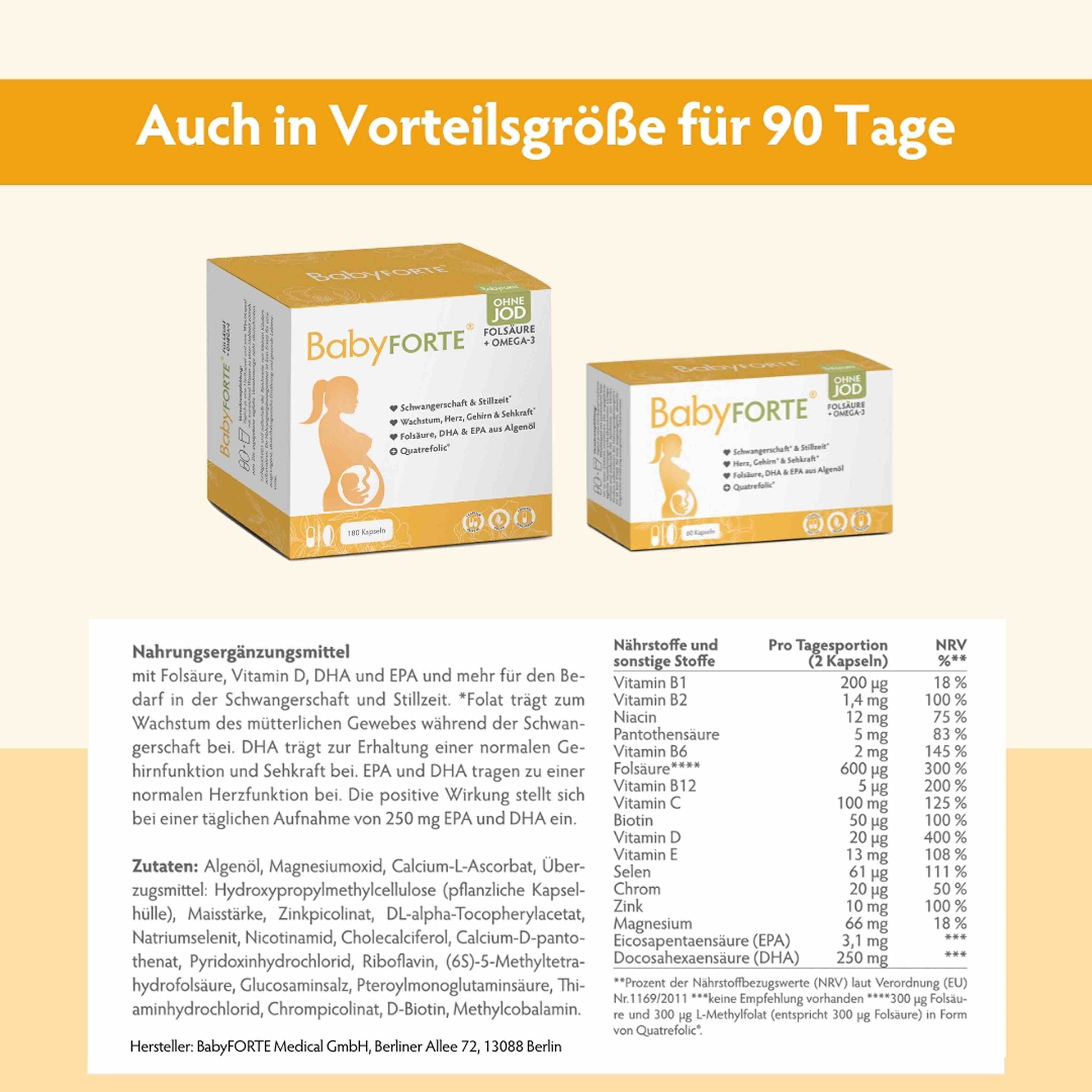 BabyFORTE Folsäure + Omega-3 auch als Großpackung und ohne Jod.