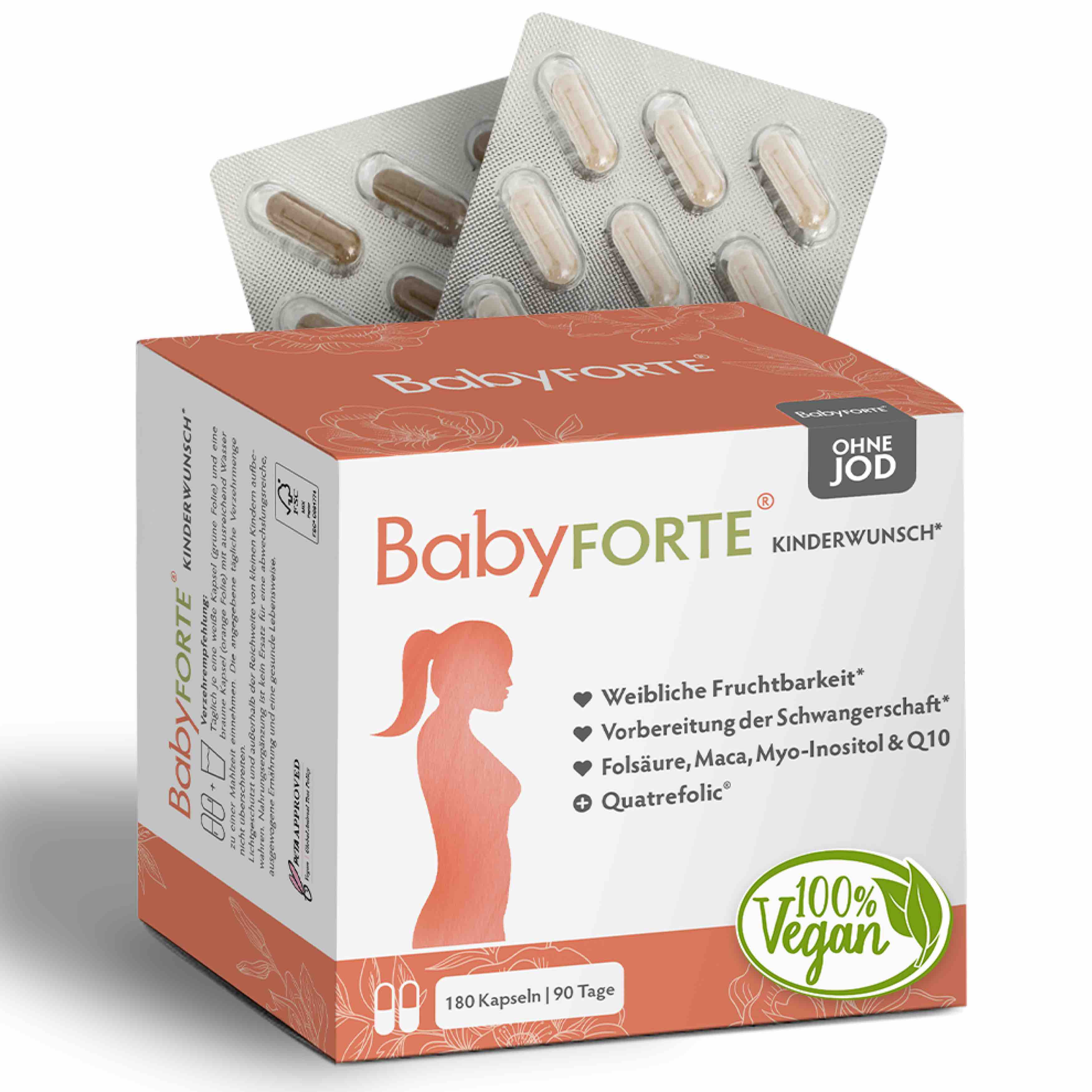 BabyFORTE Kinderwunsch ohne Jod, 180 Kapseln, Vorderseite Verpackung