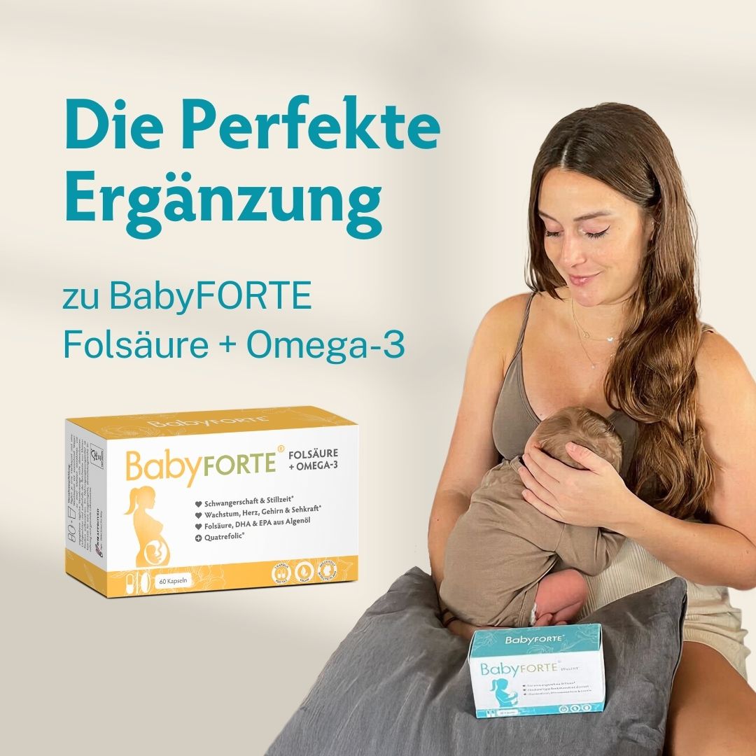 BabyFORTE Stillzeit optimal in Kombination mit BabyFORTE Folsäure + Omega 3