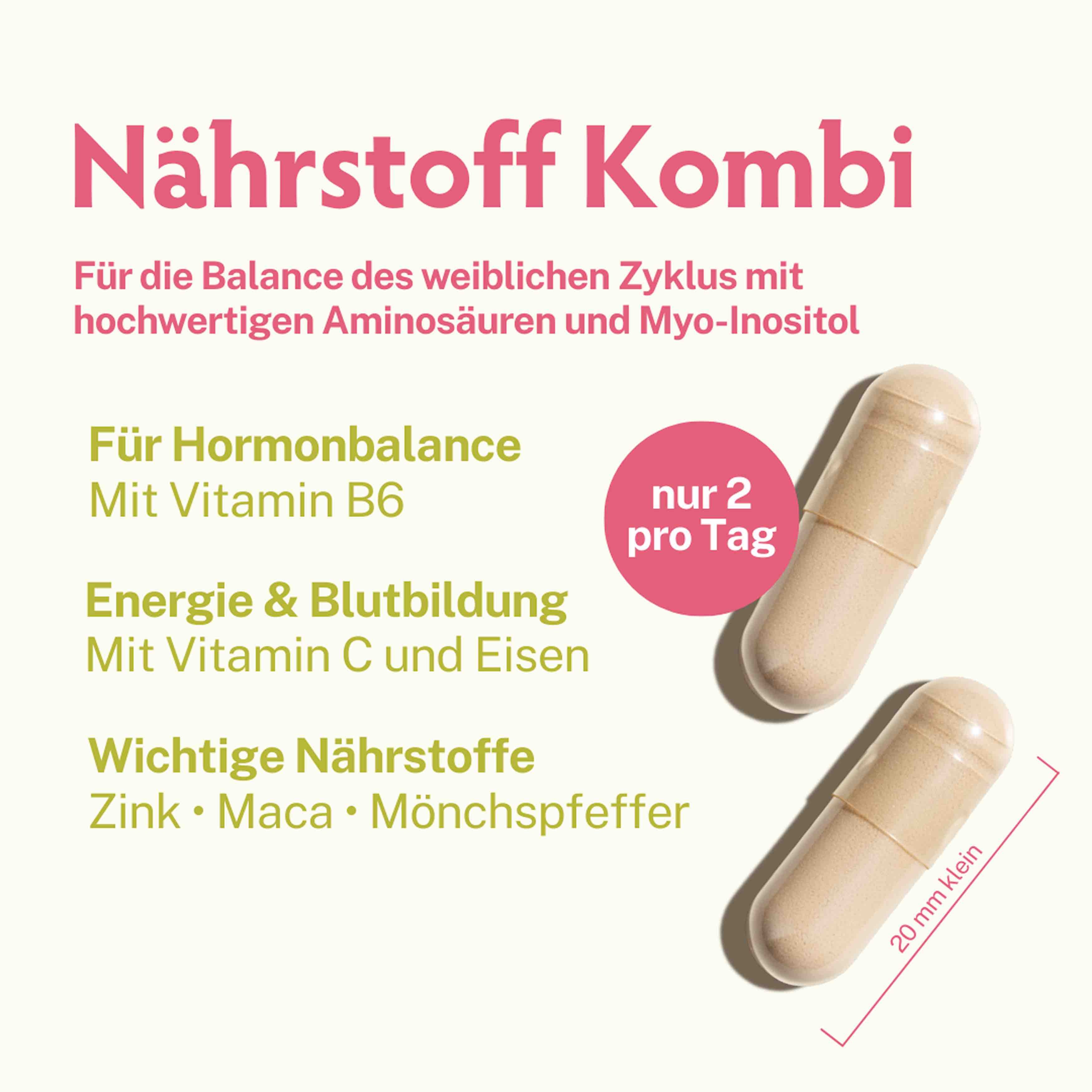 PuriaFAM Zyklus mit hochwertigen Vitaminen, wie Eisen, Magnesium, Mönchspfeffer und Maca