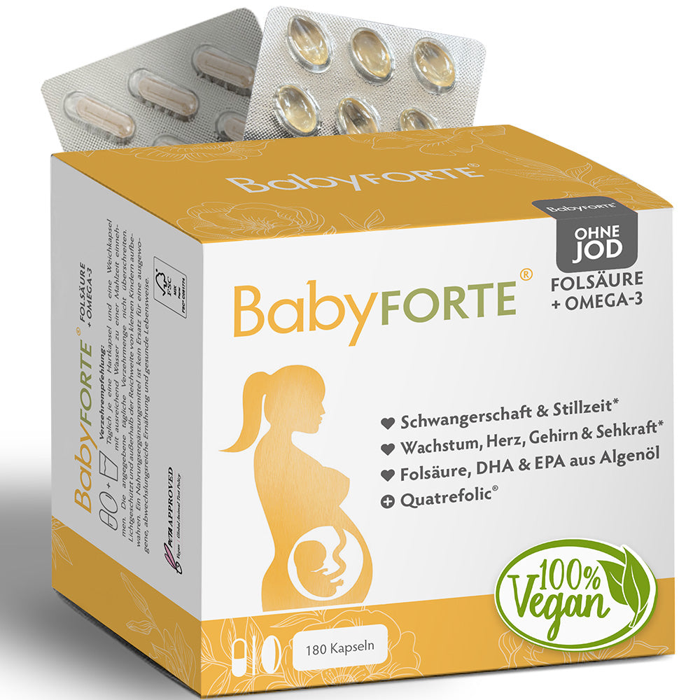 BabyFORTE Folsäure + Omega-3 OHNE JOD • für Schwangerschaft & Stillzeit • 180 Kapseln
