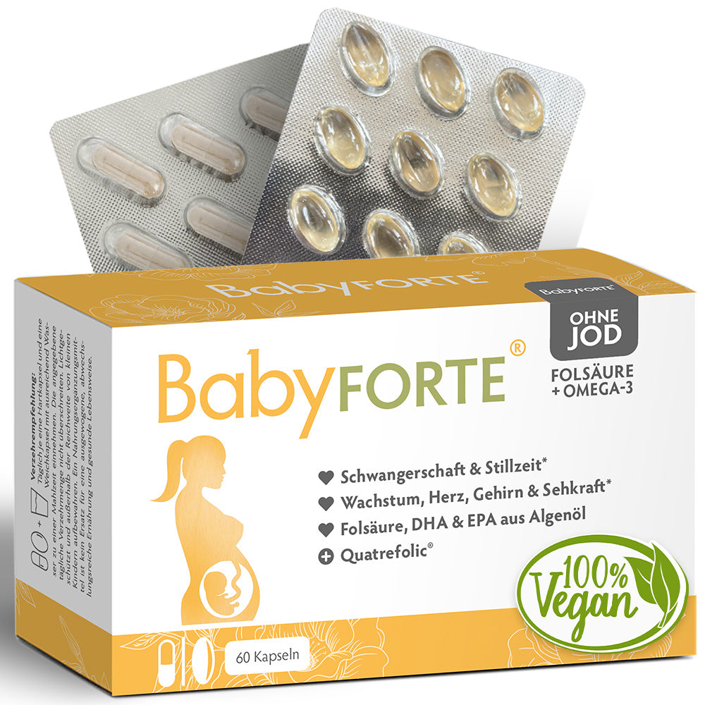 BabyFORTE Folsäure + Omega-3 OHNE JOD • für Schwangerschaft & Stillzeit • 60 Kapseln