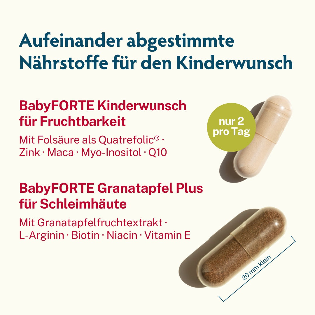 BabyFORTE Granatapfel Plus für Fruchtbarkeit, Schleimhäute, je nur 2 kleine Kapsel pro Tag