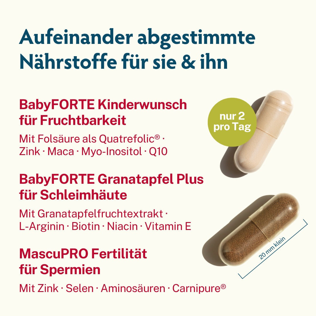 BabyFORTE Kinderwunsch-Trio für Fruchtbarkeit, Schleimhäute, Spermien, je nur 2 kleine Kapsel pro tag