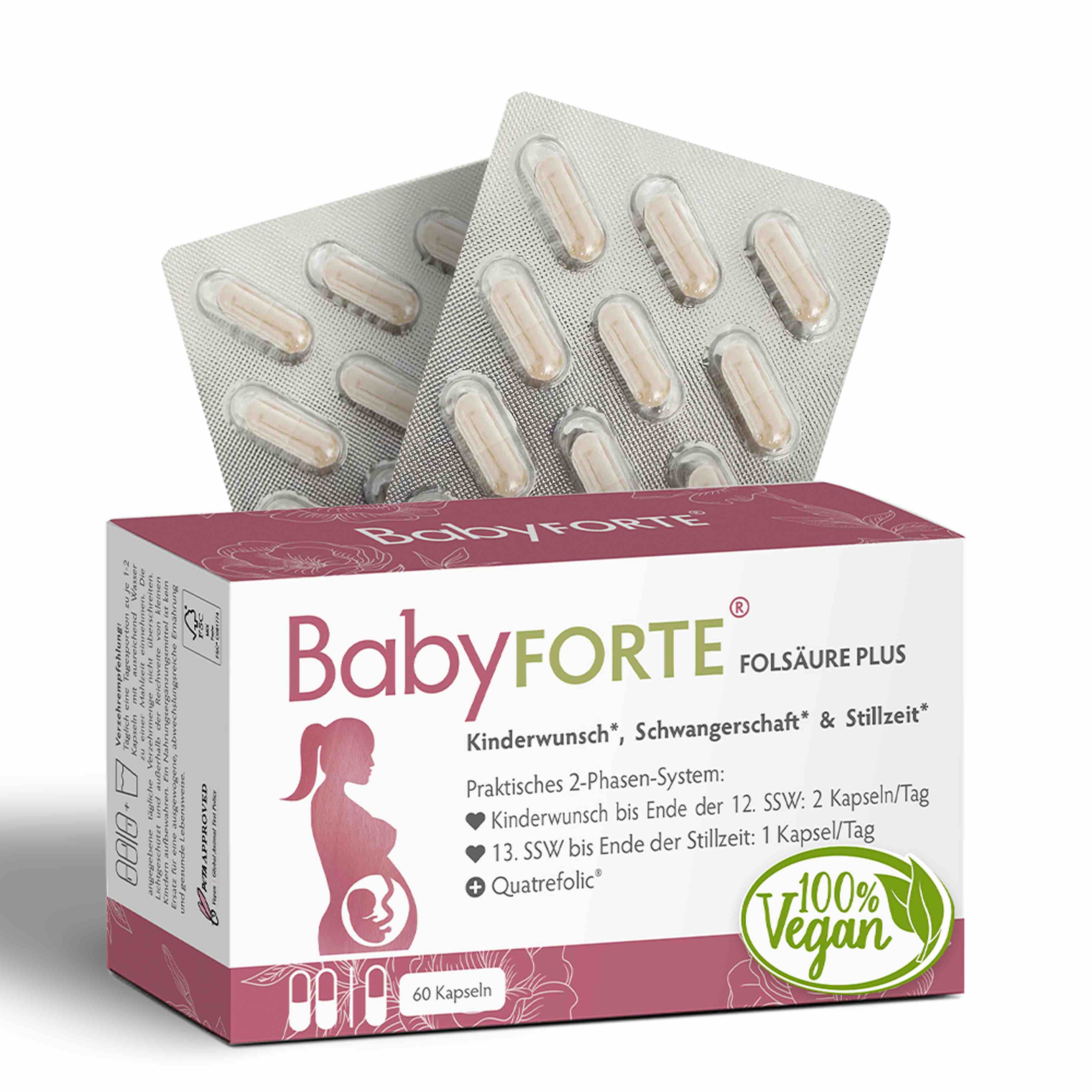 BabyFORTE FolsäurePlus, 60 Kapseln, Vorderseite Verpackung