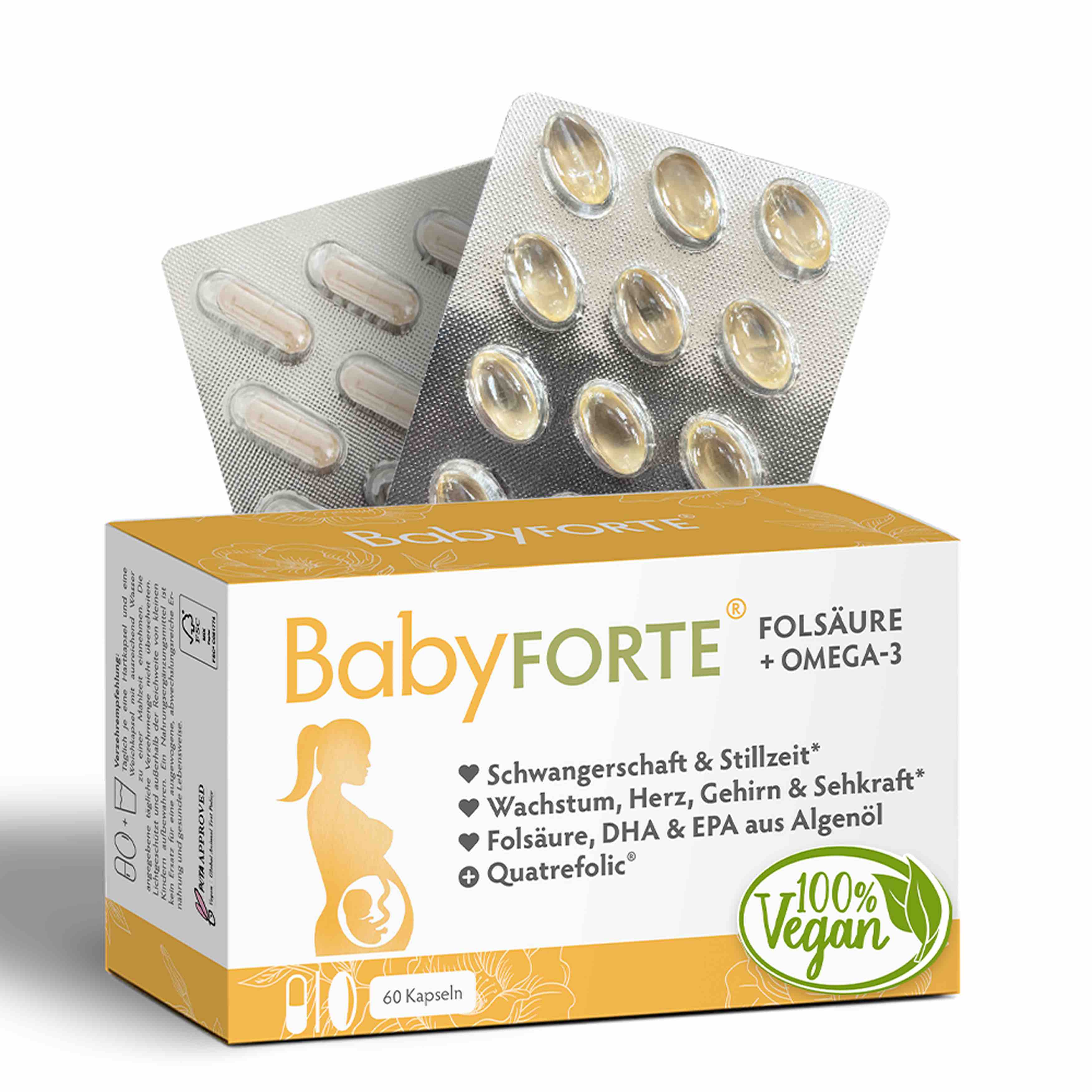 BabyFORTE Folsäure + Omega-3, 60 Kapseln, Vorderseite Verpackung