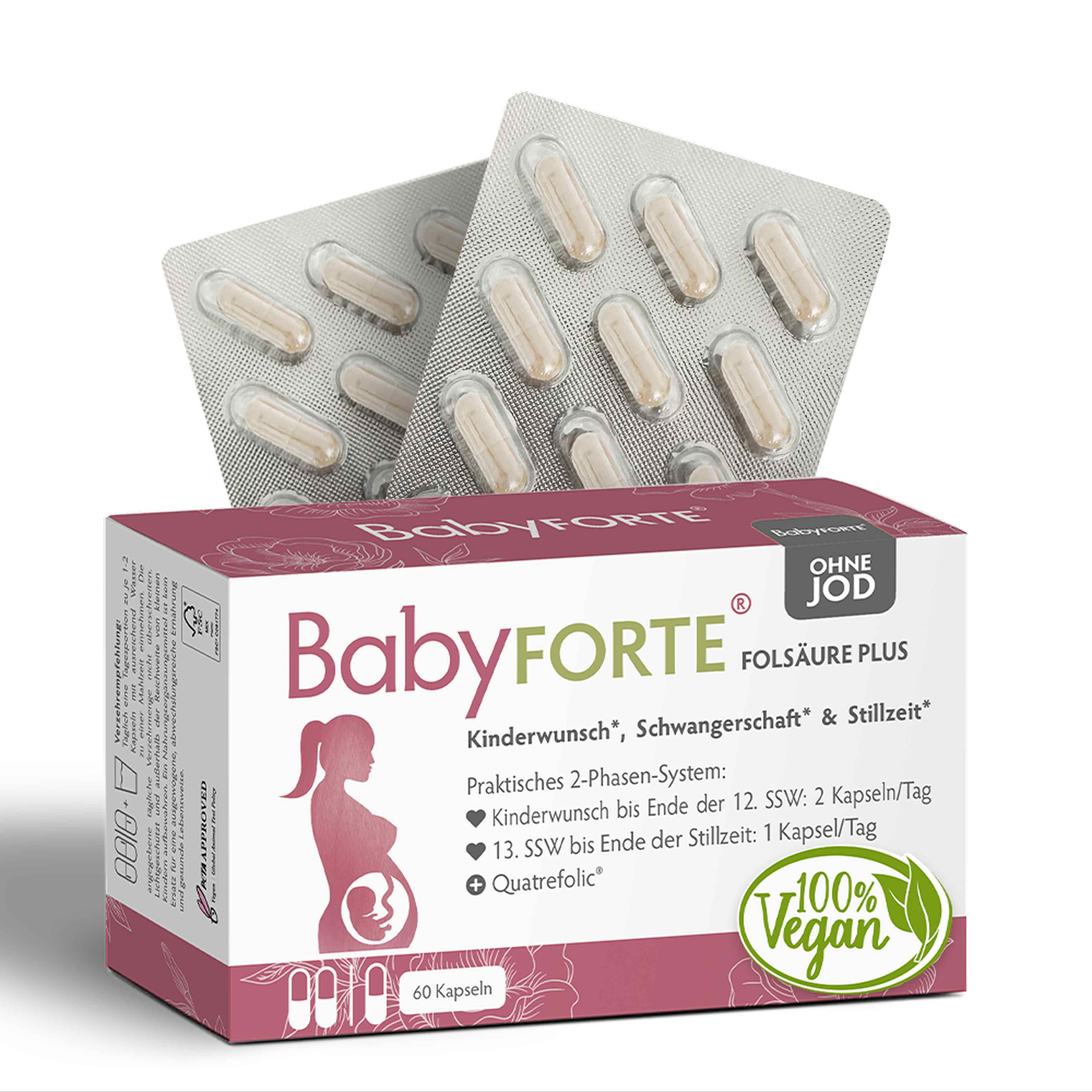 BabyFORTE Folsäure Plus ohne Jod, 60 Kapseln, Vorderseite Verpackung