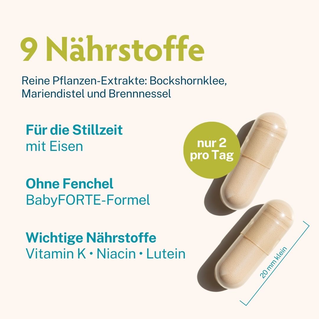 Vorteile auf einen Blick: BabyFORTE Stillzeit mit 5 wichtigen Inhaltsstoffen für Dich & Dein Baby.