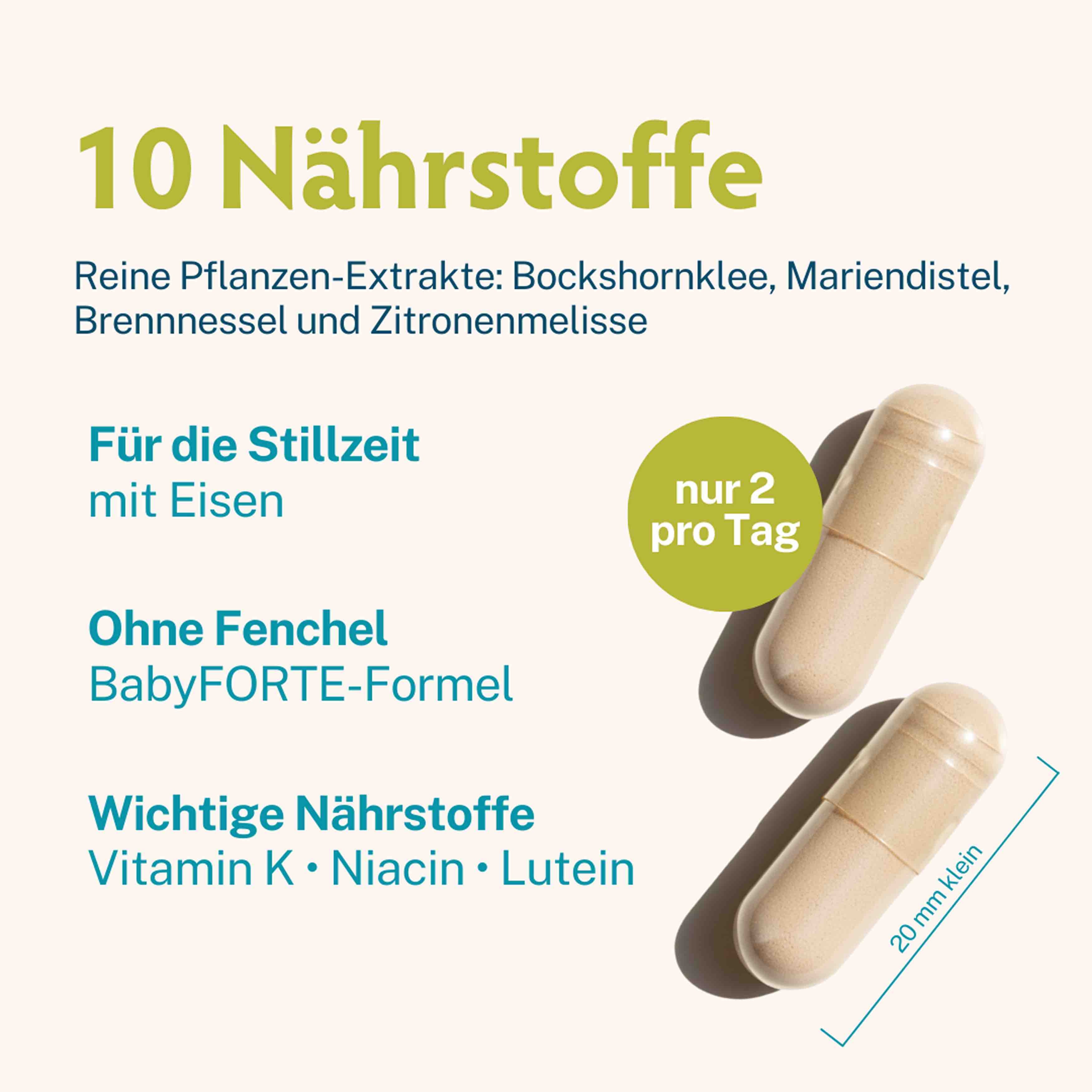 Vorteile auf einen Blick: BabyFORTE Stillzeit mit 5 wichtigen Inhaltsstoffen für Dich & Dein Baby.