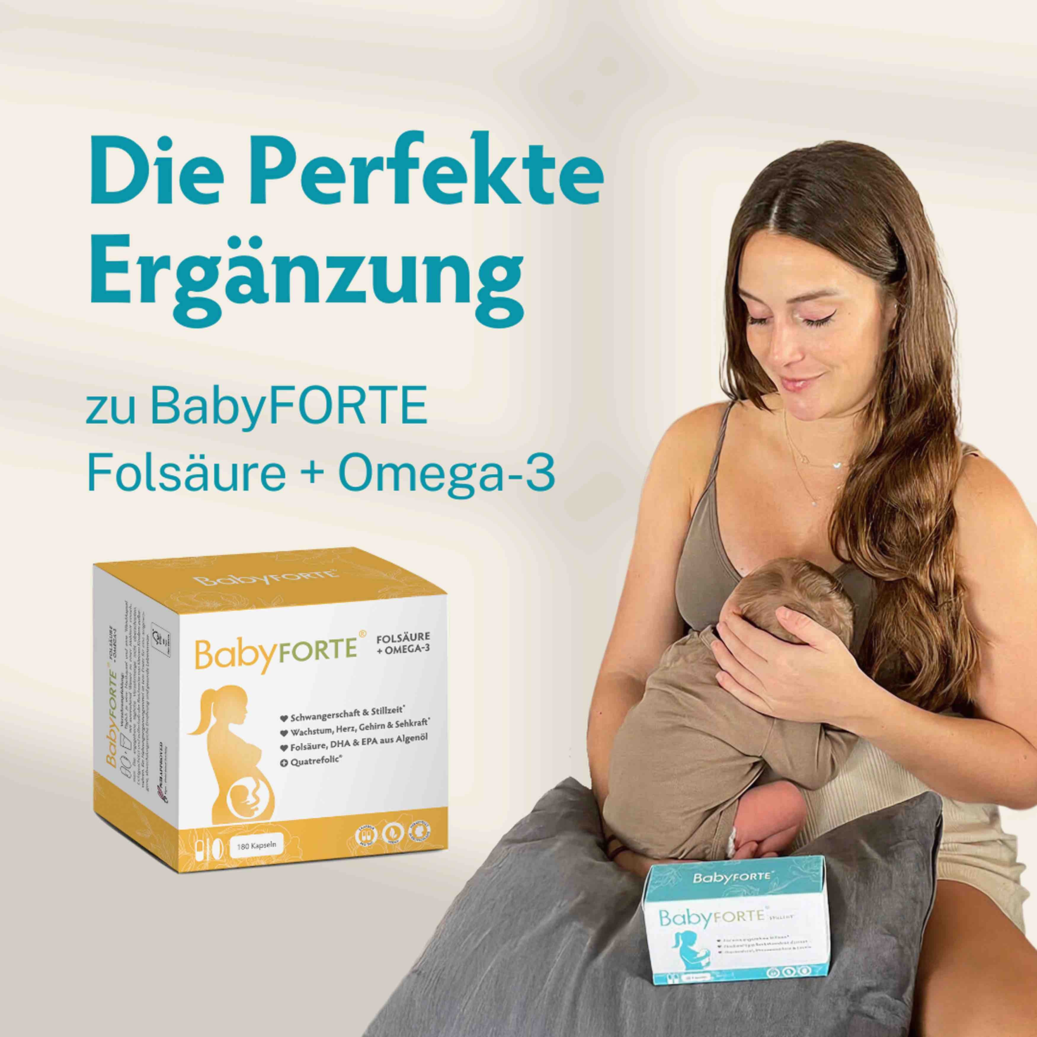 BabyFORTE Stillzeit optimal in Kombination mit BabyFORTE Folsäure + Omega 3