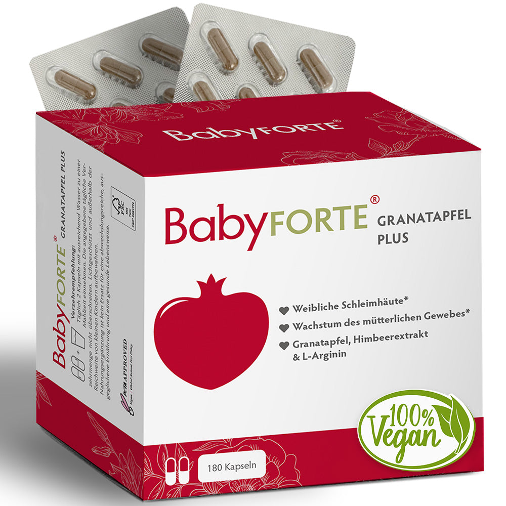 BabyFORTE Granatapfel Plus 180 Kapseln Verpackung mit Granatapfelextrakt und L-Arginin