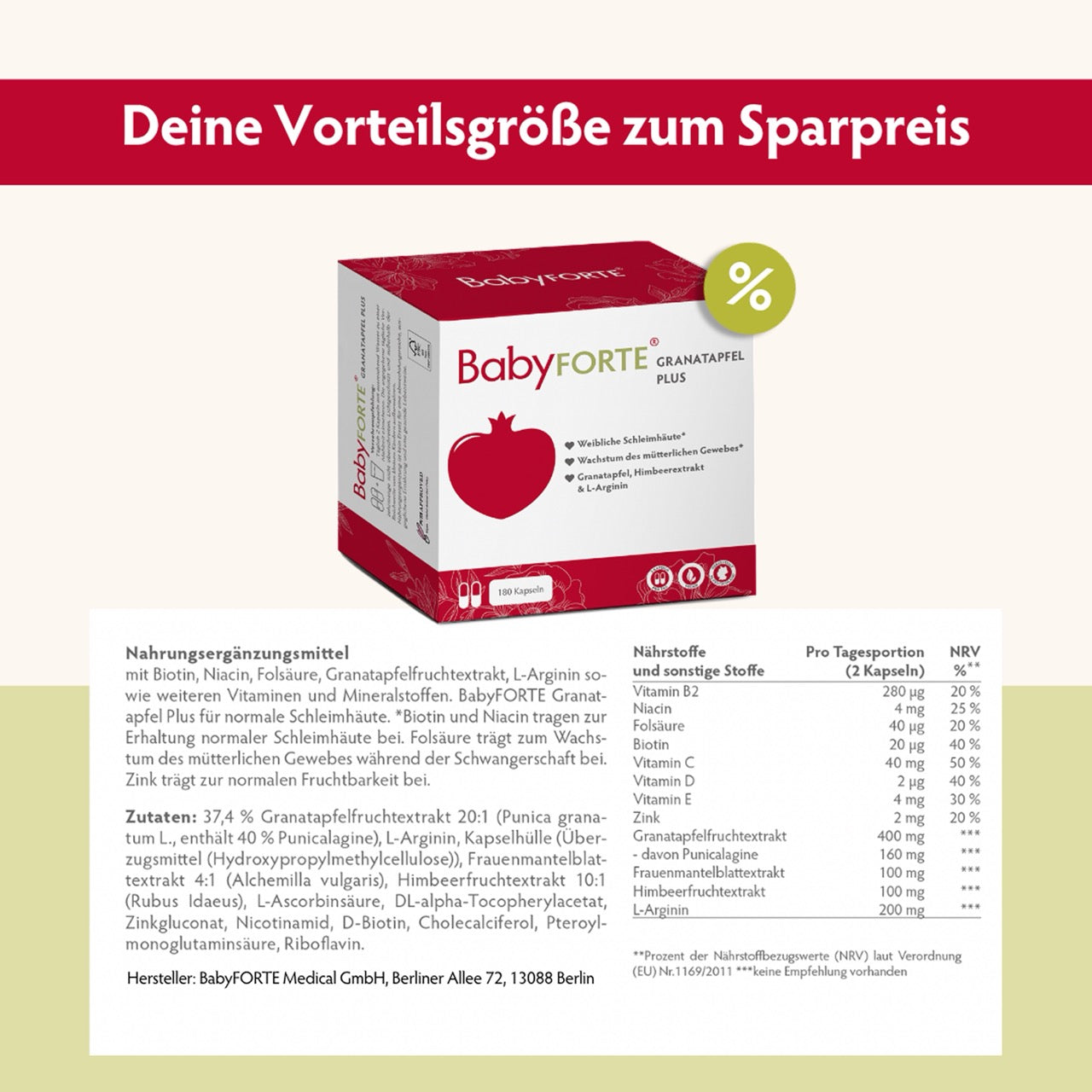  BabyFORTE Granatapfel Plus 180 Kapseln Nährwerttabelle und Inhaltsstoffe