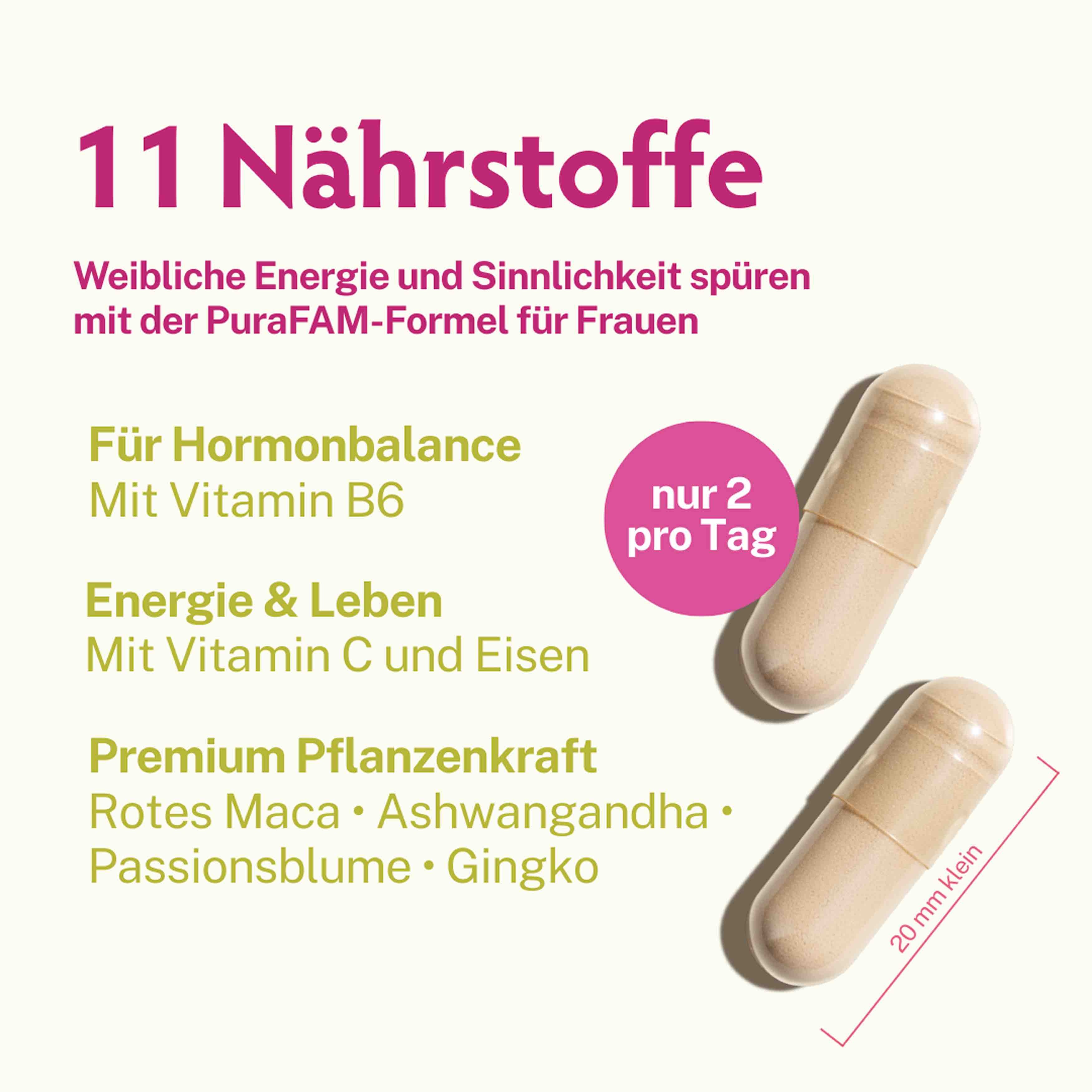 PuriaFAM Frauenzauber mit hochwertigen Vitaminen, wie rotes Maca, Passionsblume, Ashwagandha und Gingko 