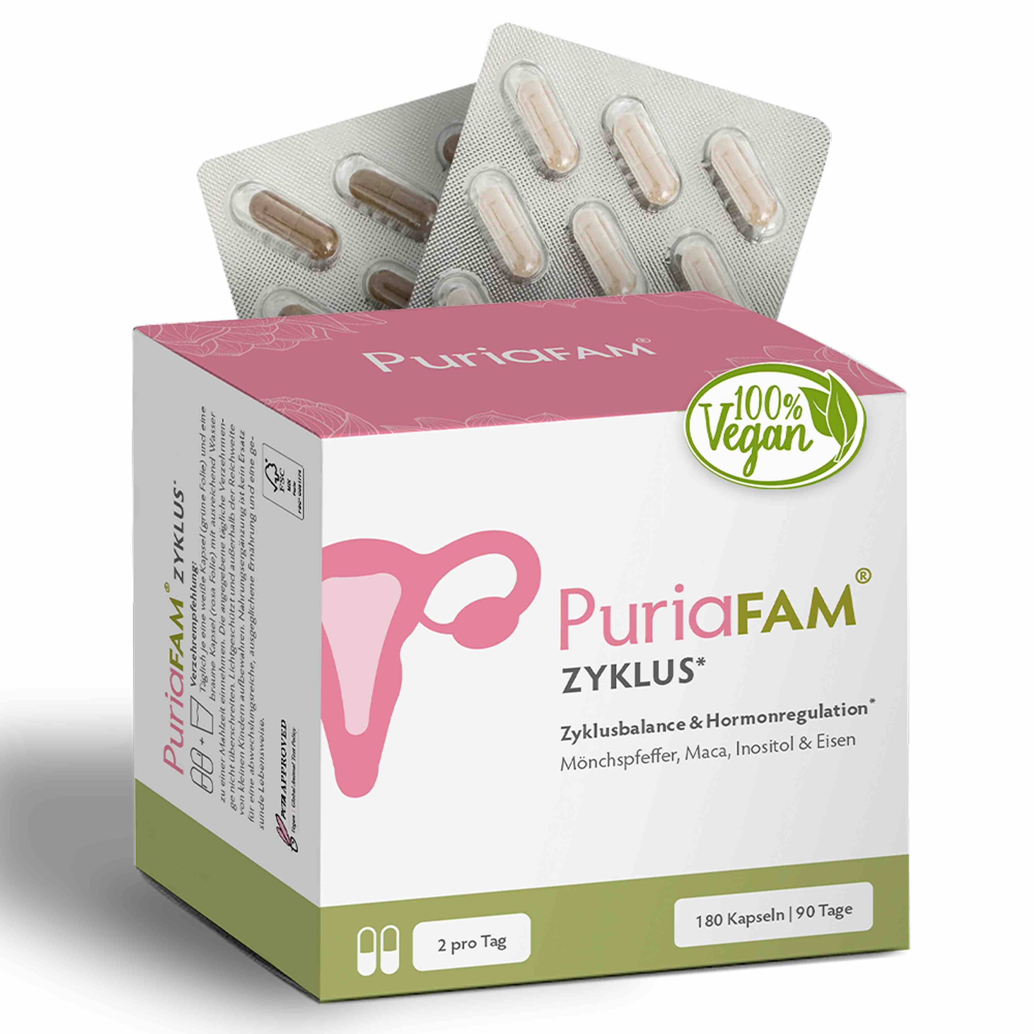 PuriaFAM Zyklus, 180 Kapseln, Vorderseite Verpackung 