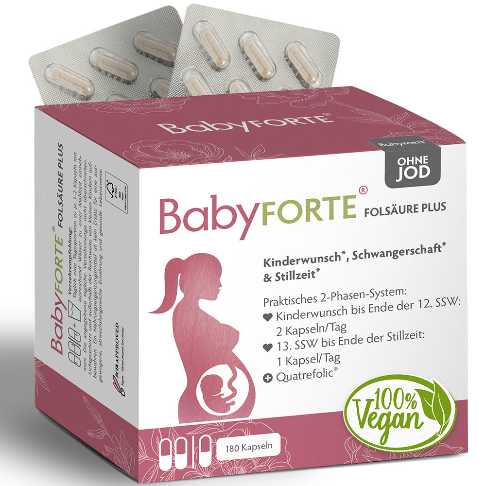 BabyFORTE Folsäure Plus OHNE JOD • für Kinderwunsch bis Stillzeit • 180 Kapseln