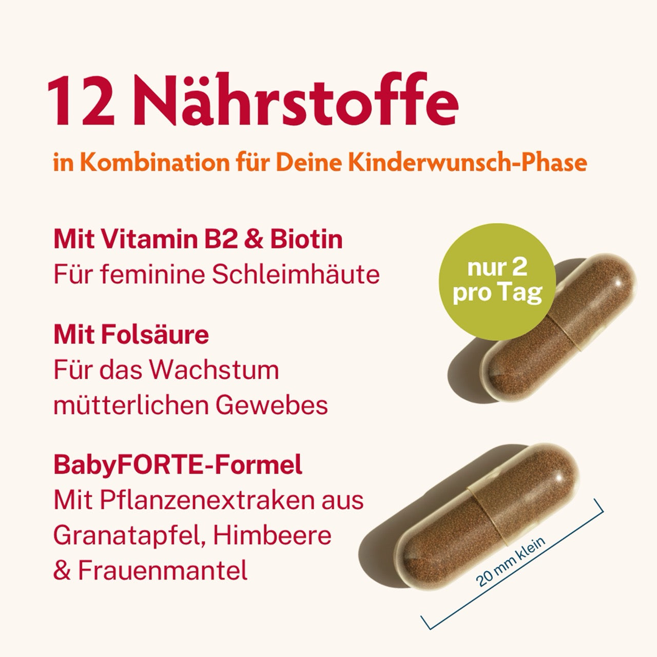 BabyFORTE Granatapfel Plus mit 12 Nährstoffen, nur 2 kleine Kapseln pro Tag